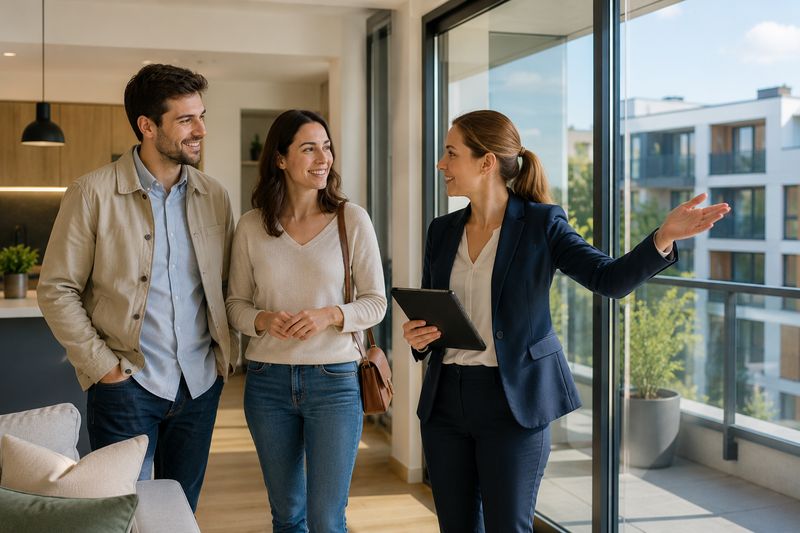 Un couple visite un appartement contemporain avec une conseillère