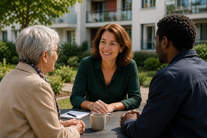 Claire Martin échange avec des habitants devant une résidence